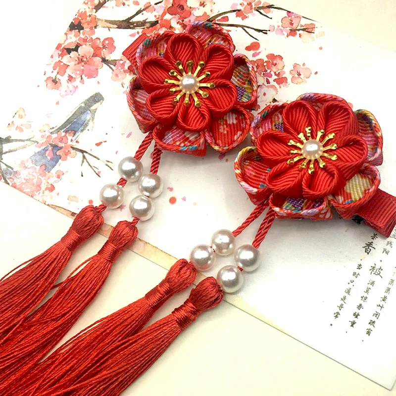 2pcs Maru-Tsumami Kanzashi Flower Tassels Sakura Hairclip Traditional Japanese Style Kimono Accessory Geisha Pure Handmade HW043