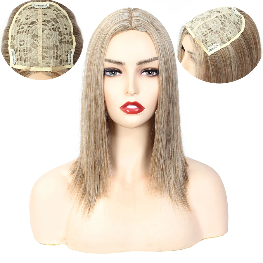 Aigemei Silky Straight Synthetic Hair Invisible Block Replacement Closure 613 Hairpiece for Top Less Hair Women