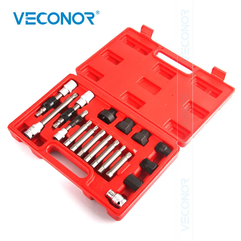 18Pcs Alternator Pulley Service Decoupler Insert Bit Socket Set Tool Kit Car Pulley Removal Decoupling Puller