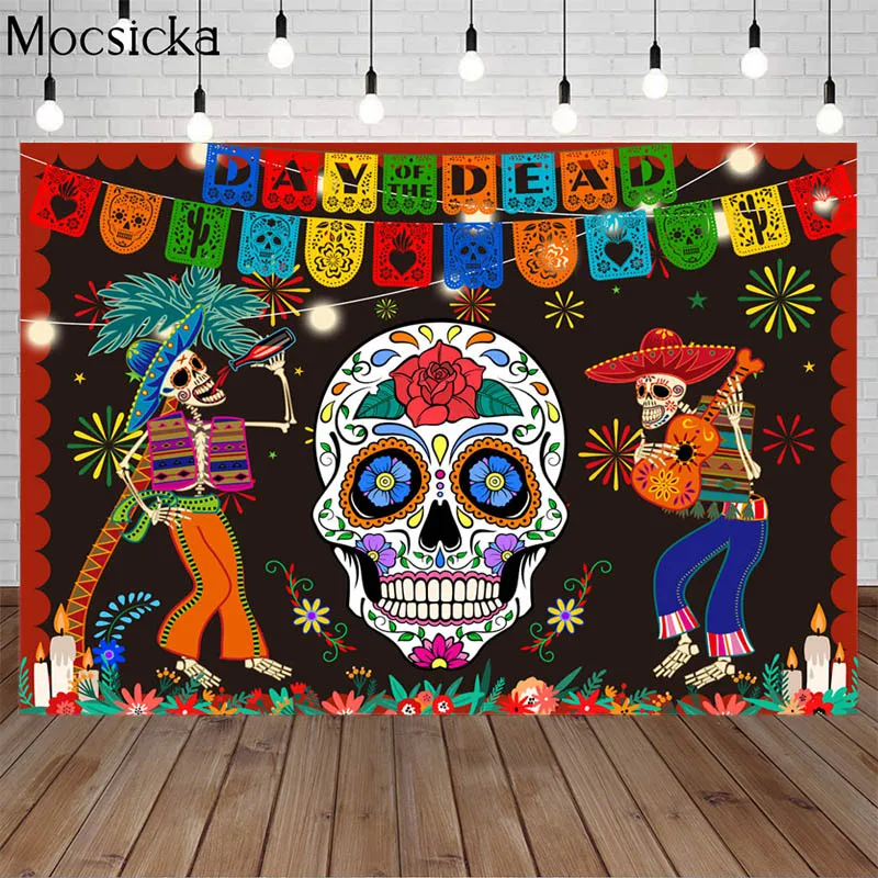 

Dancer Skull Day Of The Dead Backdrop Party Banner Fiesta Birthday Photography Background Death Fireworks Pattern Festival Decor