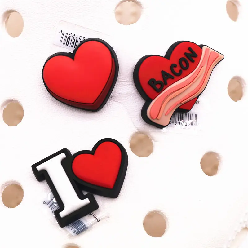 Drop shipping Heart-shaped Shoe Charms Accessories Red Heart Bacon PVC Sandals Buckle Decoration fit Bracelet Party Kids Gifts