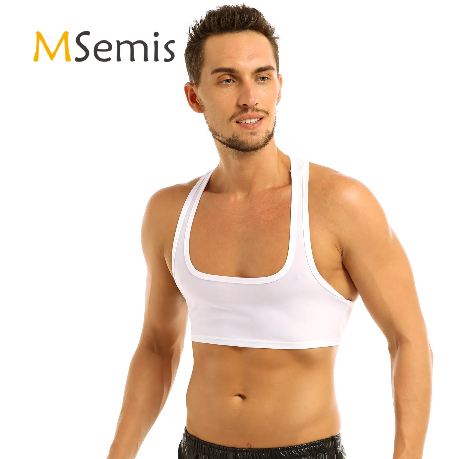 Mens Crop Tops Sleeveless Fitness Tank Top Racer Back Male Muscle Half Vest Tee for Summer Gymnastics DJ Dance Clubwear Costume