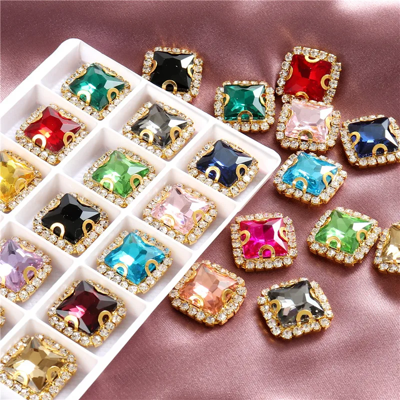 8mm 10mm 12mm 14mm Crystals Square Glass Sew on Rhinestones With Golden Claw Flatback Sewing Supplies Stones For Diy Clothing