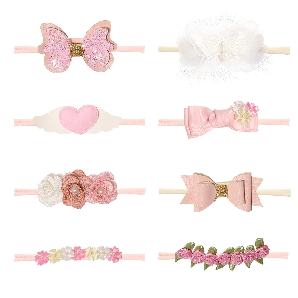 10Sets Glitter Pink Bow Flower Nylon Headbands Handmade Newborn Super Soft Hairbands Princess Headwear Hair Accessories for Girl