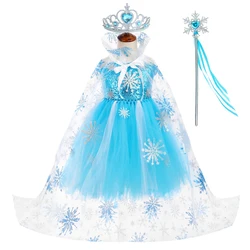 Skyblue Sequins Elsa Princess Dress Up Costume for Girls Snow Queen Ballet Tutus with Cloak Crown Kids Christmas New Year Outfit