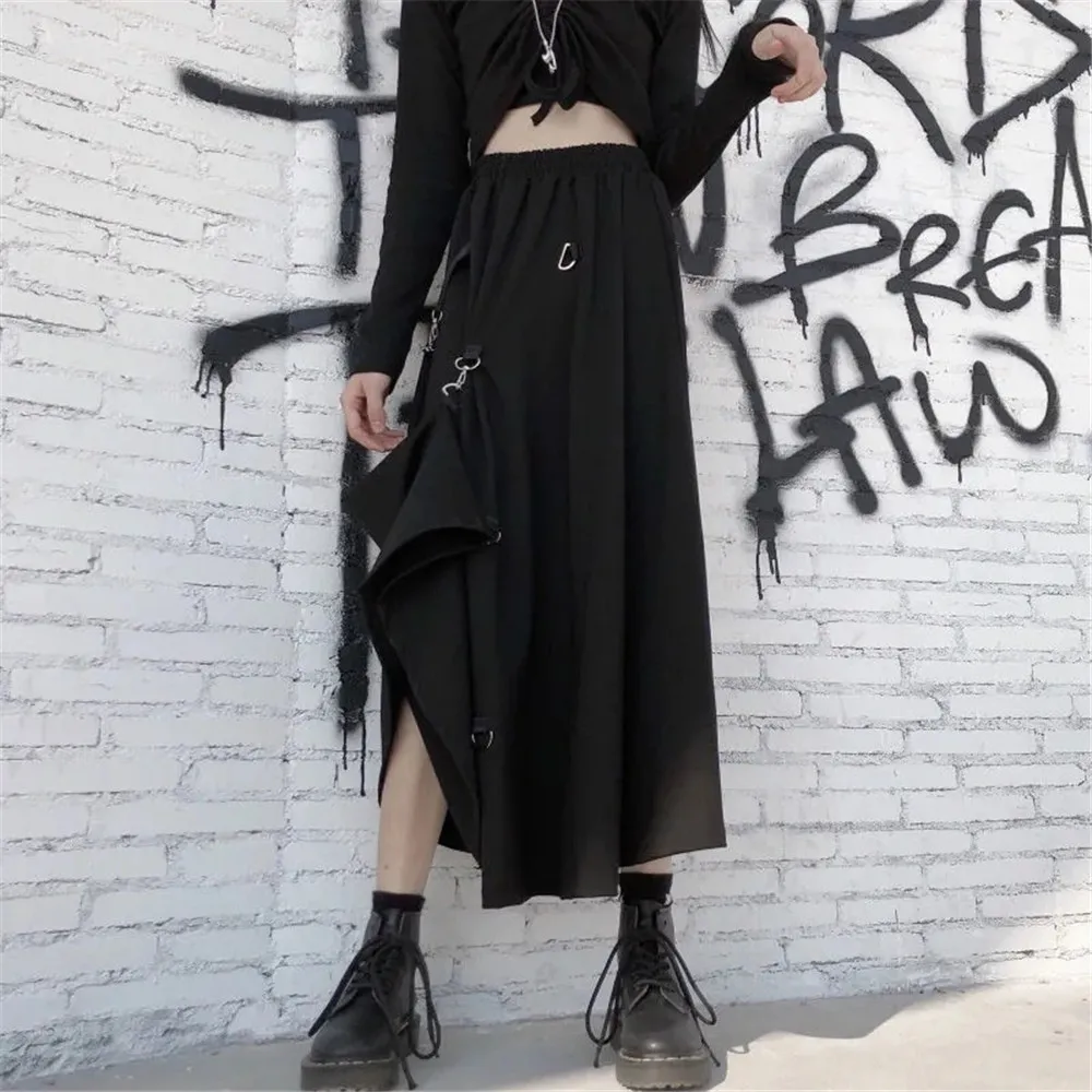 Loose Hip-Hop Punk Elastic High Waist Cargo Skirt Women Korean Ulzzang Casual Gothic Long Dark Skirt 2021 Streetwear Black Saia