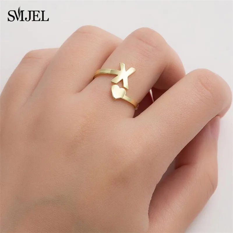 SMJEL Tiny Heart A-Z Letter Rings Adjustable Stainless Steel Opening Ring Initials Name Alphabet Female Party Trendy Jewelry