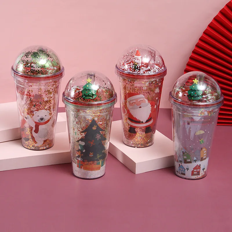 

Christmas Straw Cup Creative Plastic Cup with Lid and Straw Santa Claus Student Water Cup 500Ml Double-Layer Water Cup Drinkware