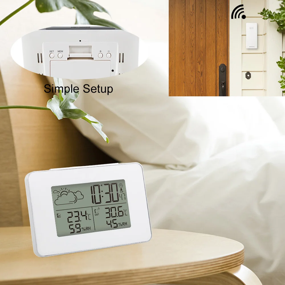 FanJu-estación meteorológica con alarma, reloj electrónico Digital inalámbrico, Sensor de pronóstico, Snooze, reloj de mesa, termómetro DCF,