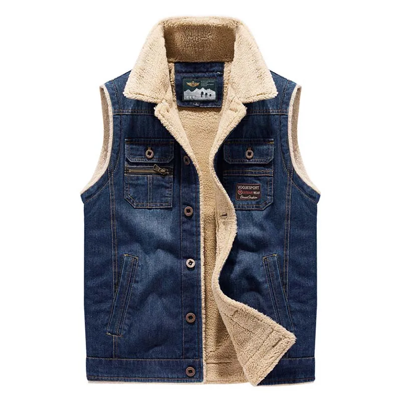 

Mcikkny Winter Men Warm Thermal Denim Vest Multi Pockets Casual Waistcoats Plus Size M-4XL Windbreak