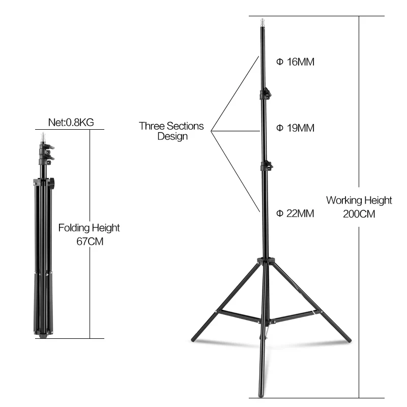 Tripés de selfie de 2m, 170/150/55cm, suporte de luz de alumínio para suporte de telefone, tripé de câmera digital com clipe, controlador bluetooth