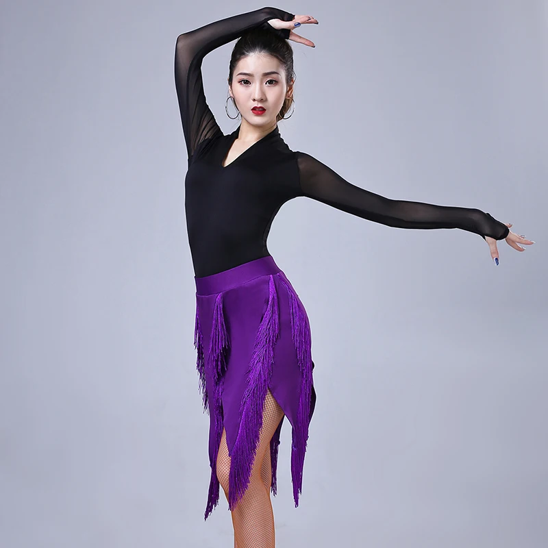 Lady Latin Dance Skirt Sexy Fringe Tassels Samba Tango Practice Latin Skirt Black Purple Latin Dance Dress for Performamnce