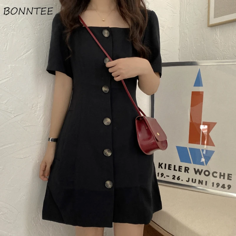 Dress Women Summer Trendy Korean High Waist Slim Square Collar Ladies Black Dresses Chic Button Elegant Simple Sweet Girls Party