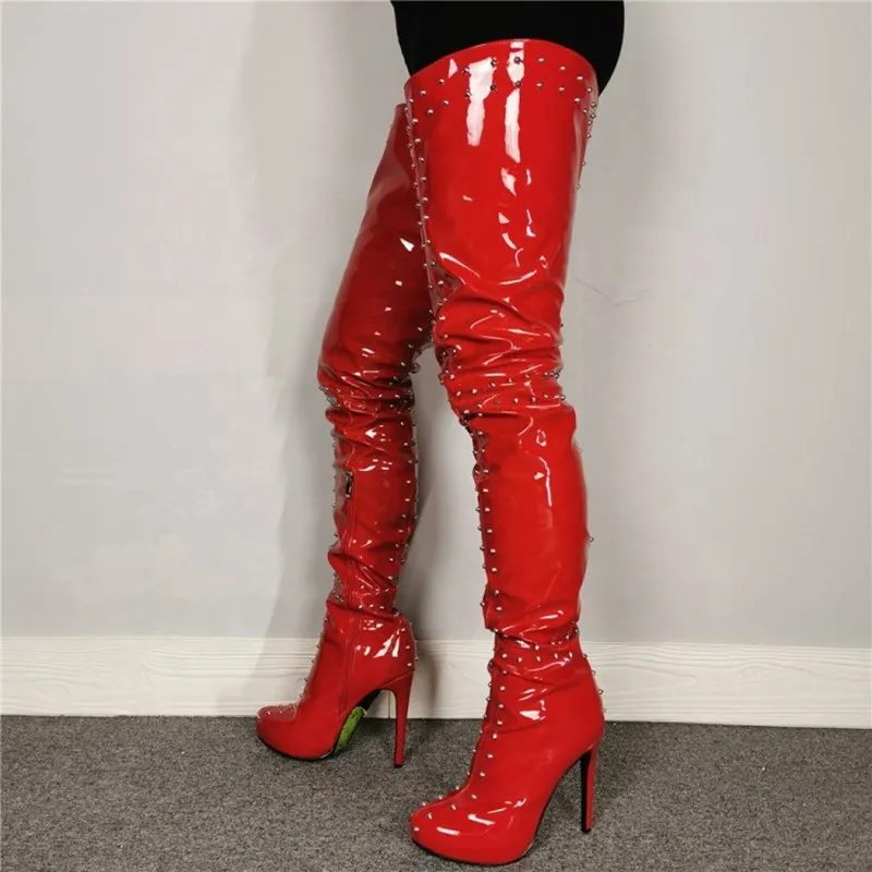 Ladies Hot red Rivet Ornament Sexy Long Thigh Boots Big Size Women Shoes Wholesale High Heel Over The Knee Boots