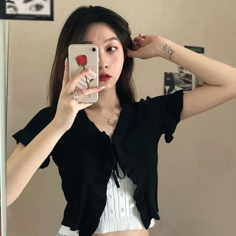 Women Knitted Short Sleeve Cardigan Tshirt Sweet Girl Fashion Lace Summer Short T-shirt Lace Up Tee Top