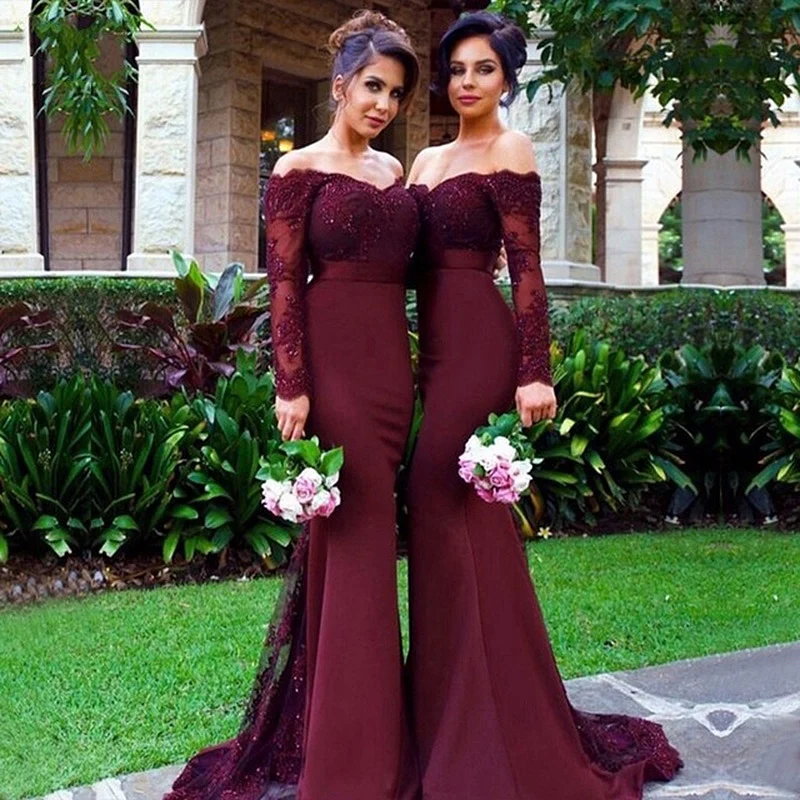 Sexy Lace Burgundy Bridesmaid Dresses 2022 New Mermaid Long Sleeve Beaded Long Wedding Party Dresses Formal Gowns Maid Of Honor