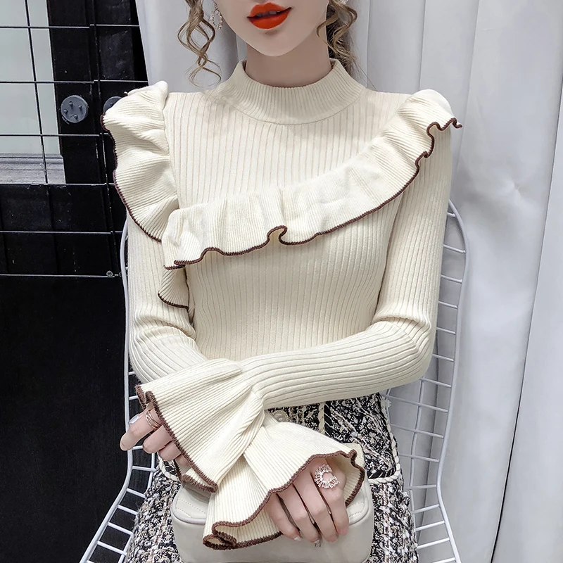 2020 Autumn and Winter New Korean Female Half-high Round Neck Pullover Slim Bottoming Shirt Trumpet Sleeve Knit Sweater Top