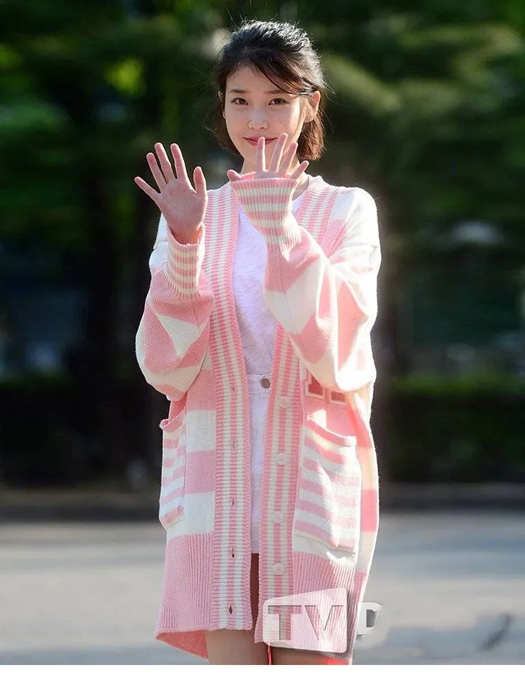 Kpop Iu Lee Ji Eun Cùng Hồng Dài Áo Len Áo Khoác Nữ Dệt Kim Áo Len Cardigan Nữ Thu Đông Hàn Quốc Ấm Rời cổ Chữ V Áo Len