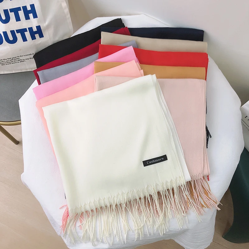 Solid Color Hijabs Cashmere Like Scarf Women Winter Warm Long Shawls And Wraps Hijab Scarves Pashmina Tassels Thin Headband