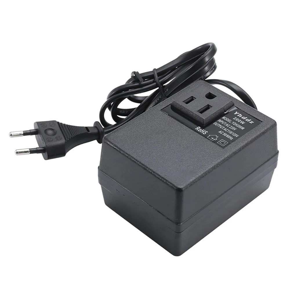 หม้อแปลงไฟฟ้า AC 220V To 110V Step Down Single Phase Travel EU ปลั๊กแปลงแรงดันไฟฟ้า200W