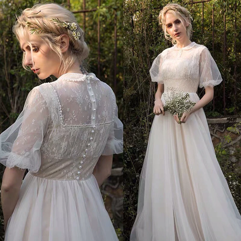 Vestidos de casamento vintage, colarinho A, vestido nupcial com o pescoço, mangas curtas inchadas, vestidos de casamento, estilo country