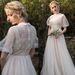 Customized Lace Vintage Wedding Dresses A-Line Collar O Neck Bridal Gown Short Puffy Sleeves Wedding Gowns Vestido De Novia 2026