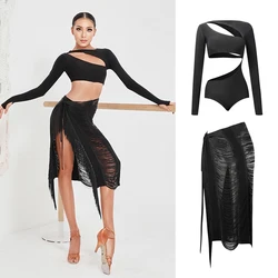 Latin Dance Dress Women Tops Fringe Skirt Long Sleeves Sexy Black Competition Dress Chacha Rumba Salsa Practice Clothes DNV15462