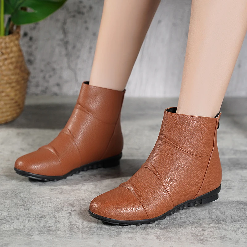 

Women Winter Shoes Woman Genuine Leather Ankle Boots Women Warm Non-Slip Black Brown Women Boots Mother Flats Casual Shoe