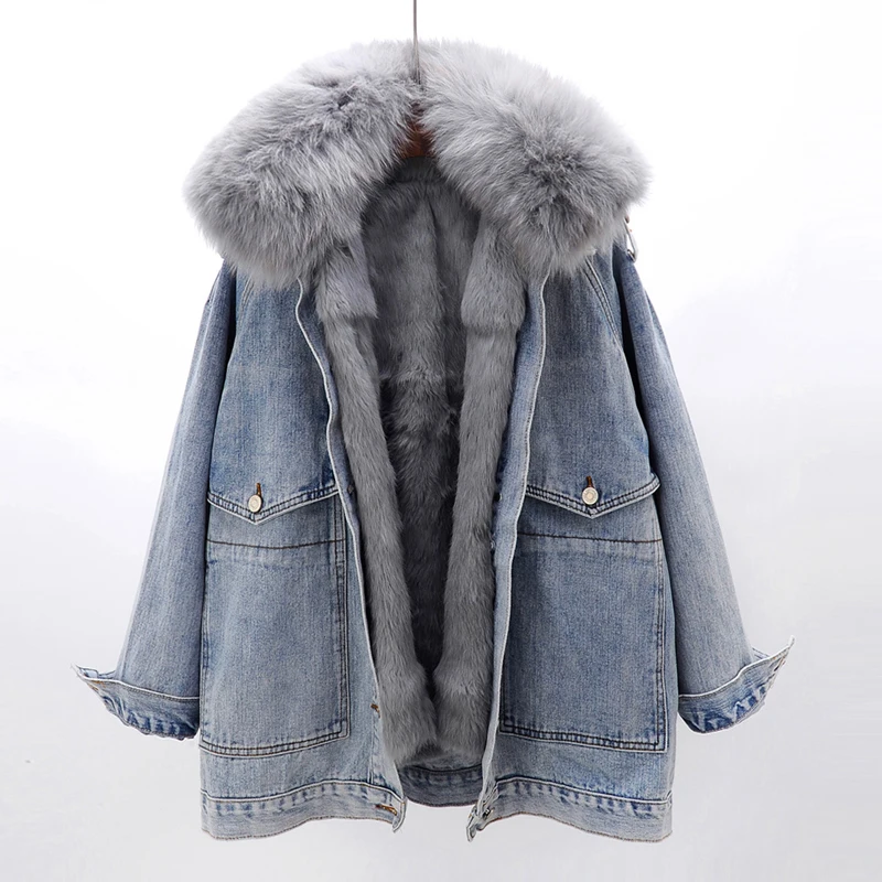 Removable Real Fox Fur Collar + Rabbit Fur Liner Denim Jacket Women Winter Loose Thick Warm Jeans Jackets Parka Female Outerwear