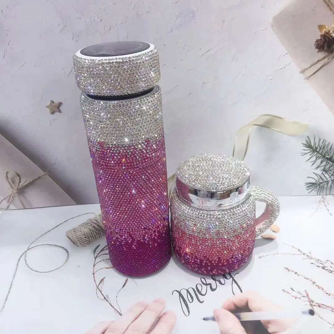 Diamond-encrusted Colorful Diamond Thermos Intelligent Temperature LED Display Water Bottle Sparkling Vacuum Coffee Cup