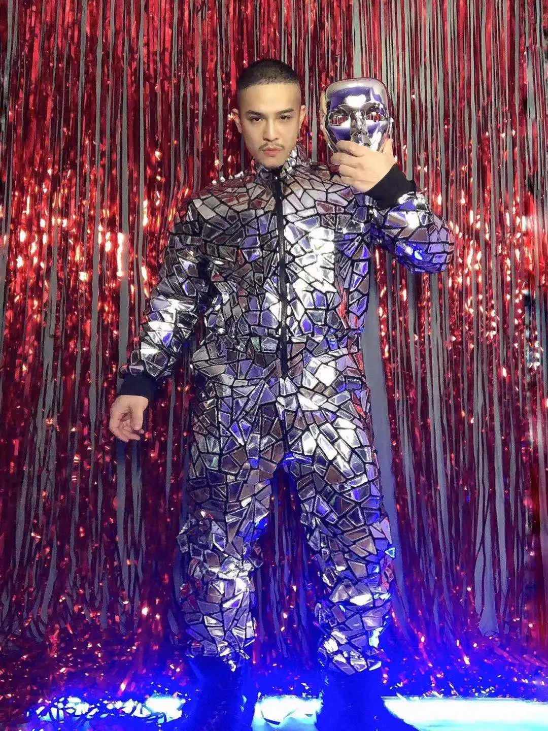 Bar Nightclub Tide Male Singer HIP HOP Dance Costume Musical Vocal Concert Performance Silver Laser Sequins Jumpsuit Stage Wear