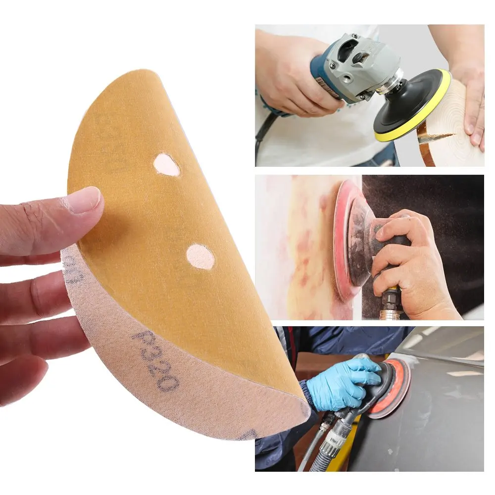 POLIWELL 5PCS 6 Inch 17-Hole Waterproof Sandpaper for Hook and Loop Sanding Pad Car Polishing Grinder Sander Yellow Sanding Disc