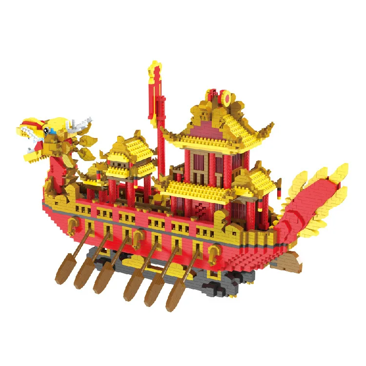 Creative China Dragon Boat Micro Diamond Block Royal Ship Building Brick Assemble Model Nanobrick Toy Collection For Adult Gift