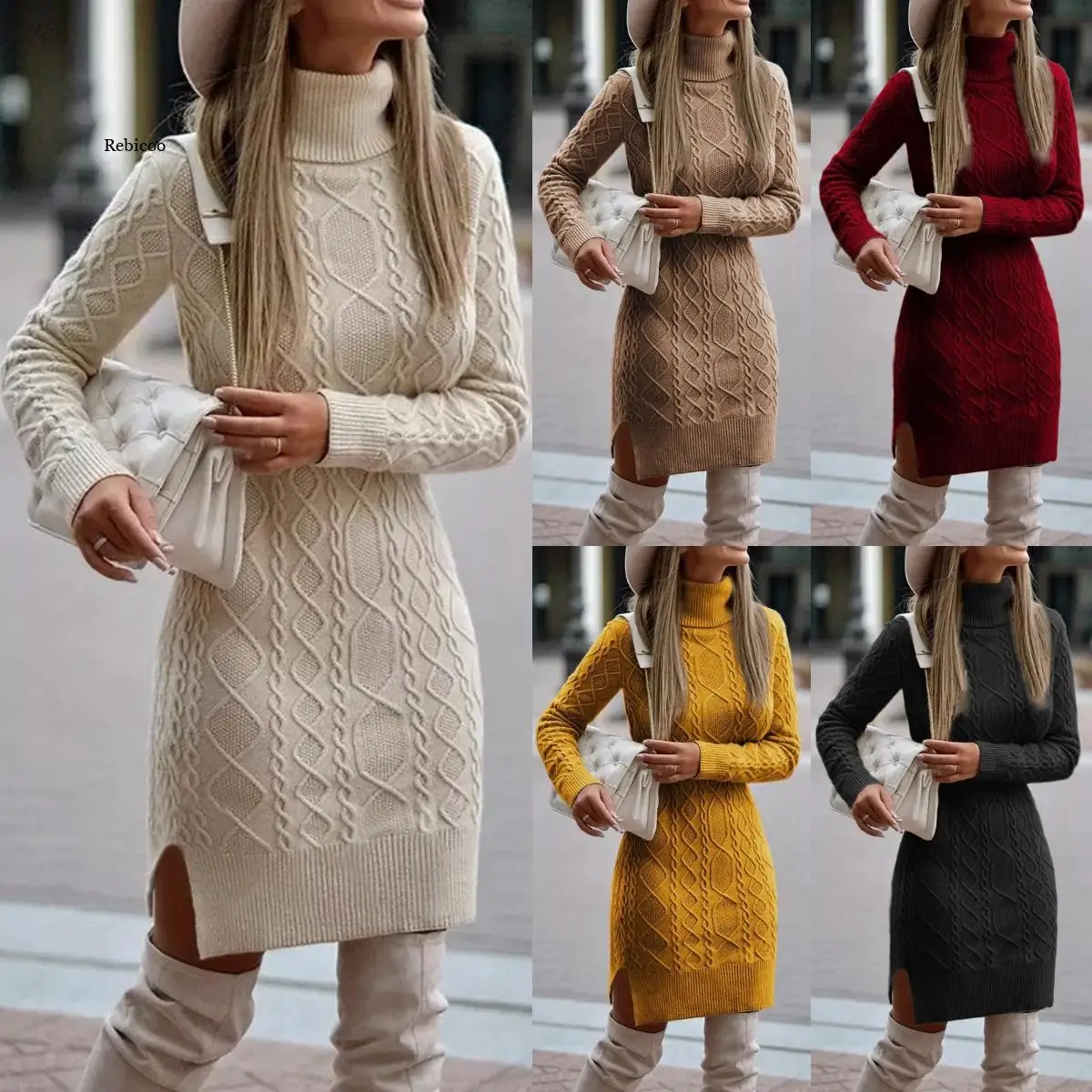 

Women Turtleneck Knitted Sweater Dress Winter Pullover Fashion Warmness Casual Long Sleeve Jumper Sweaters Bodycon Short Dresses