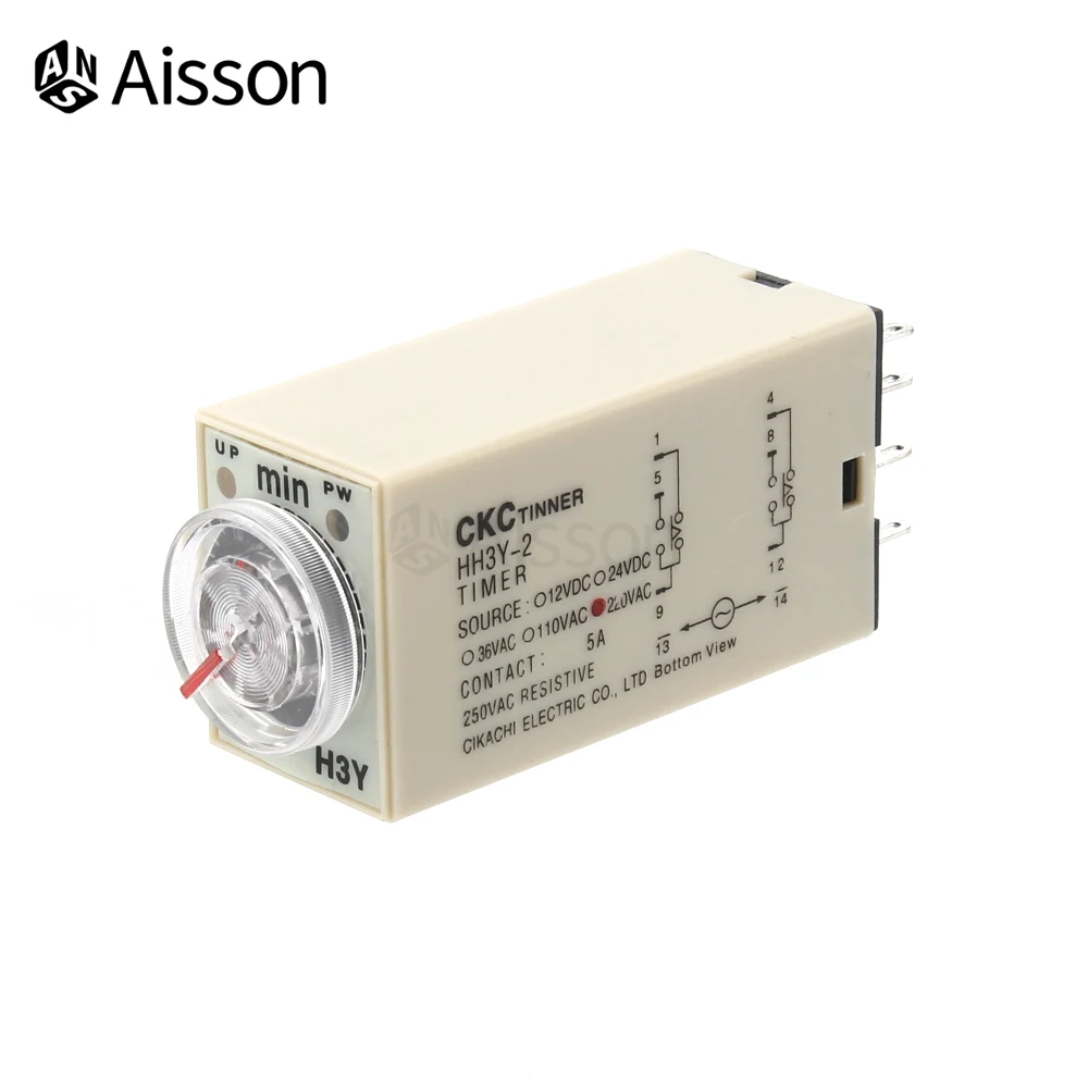 H3Y-2 Delay Timer Time Relay Switch DPDT Rotary Knob Adjustable AC220V DC12V 24V 0-60 Minute/Seconds with Base Socket