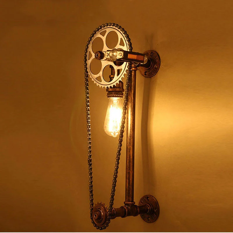 

Loft Vintage Water Pipe Wall Lamp Restaurant Bar Cafe Pub Bedroom Livng Room Stair Villa E27 Edison Gear Chain Wall Sconce Bra