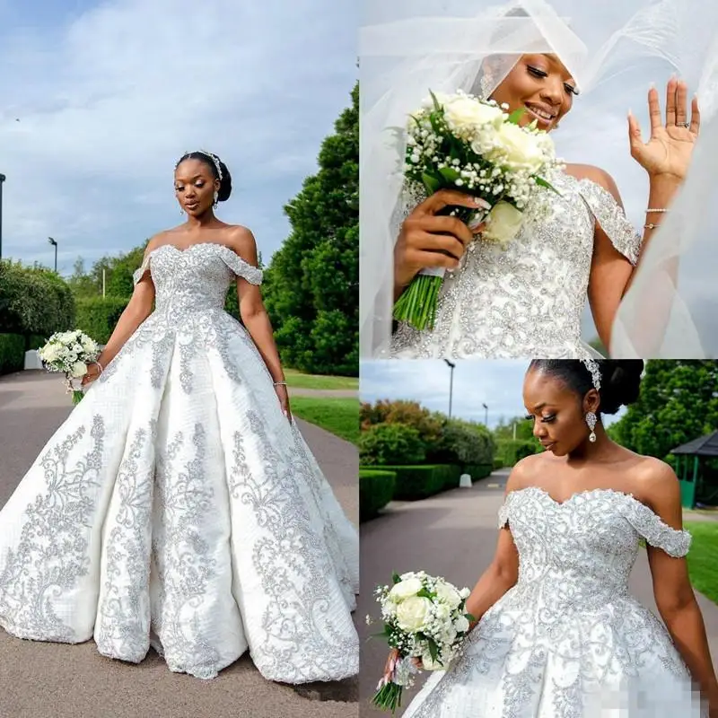 Customized African Beaded Plus Size Wedding Dresses Sexy Crystal Appliqued Sweep Train Black Girl Off Shoulder Bridal Gowns