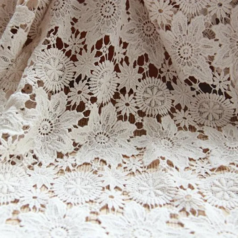 

1 Yard Vintage Lace Fabric, Beige Cotton Guipure Fabric with Floral Pattern, Both Sides Scalloped Design