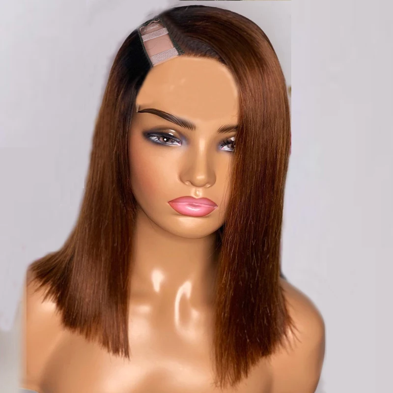 Short Brown Ombre Human Hair Wigs Straight Malaysian Remy Glueless U Part Wigs Middle Right Left U Opening 1\