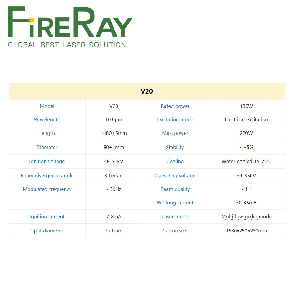 أنبوب ليزر FireRay Co2 V20 180-220W Dia.80mm لآلة القطع والنقش بالليزر CO2