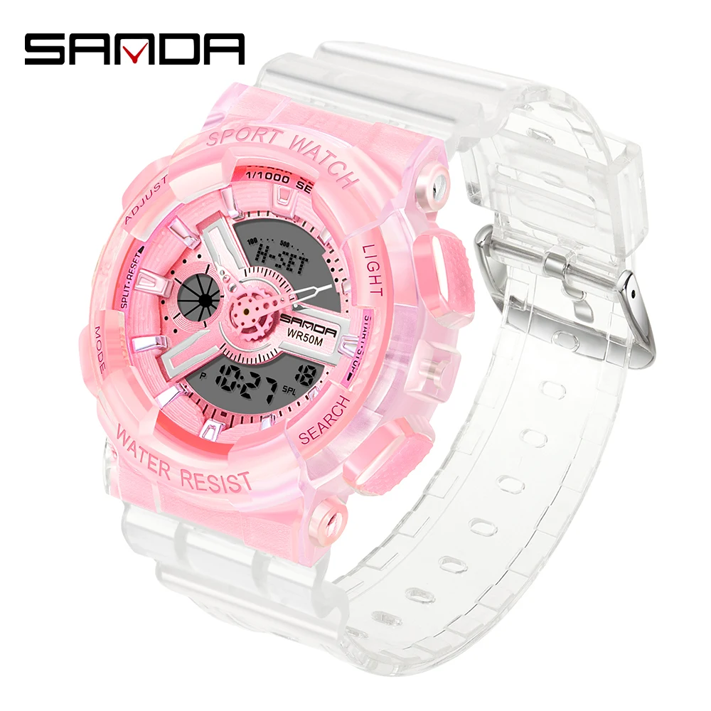 Fashion Sanda Top Brand Women  Transparent Watches Waterproof Multi-function Luminous Sports Double Display Couple ElectronicBr