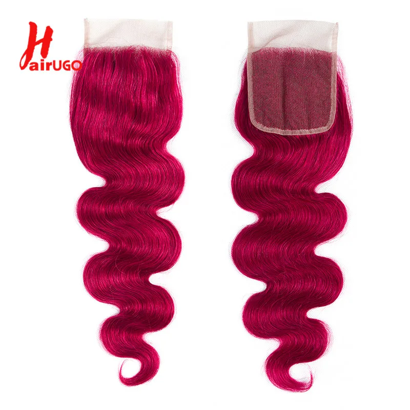 HairUGo Brazilian Burgundy Body Wave Hair Closures 4X4 Lace Closure Omber BUG 100% Human Hair Closure With Baby Hair Remy Hair