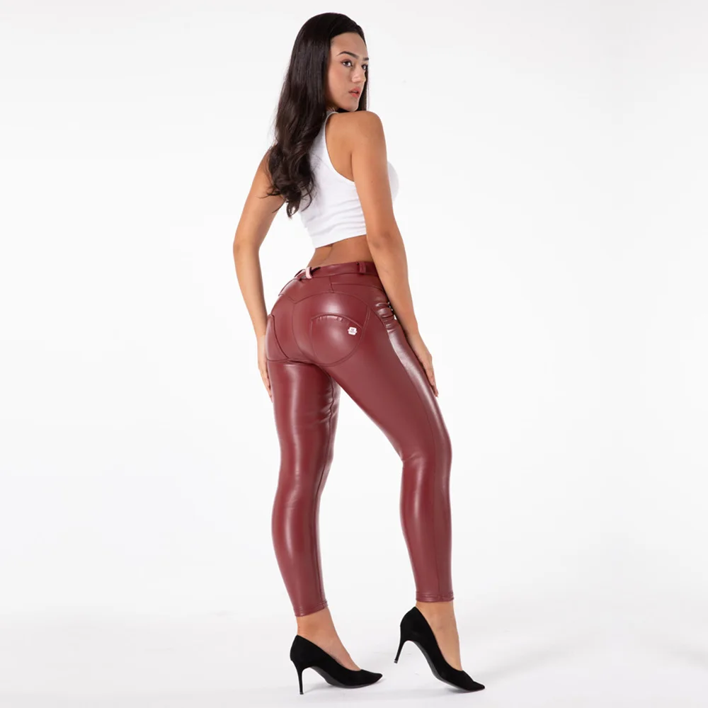 Shascullfites Melody Women\'s Leather Pants Burgundy Sport Legging Ladies Latex Booty Lift Jeans Compression Leggings