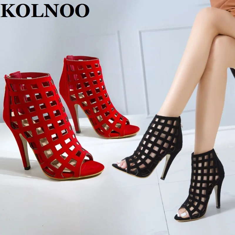 KOLNOO New Style Ladies Stiletto High Heels Sandals Cut-Out Peep-Toe Faux Suede Summer Black&Red Evening Fashion Daily Shoes