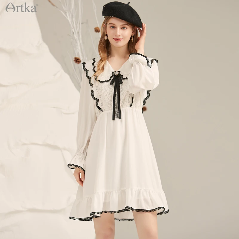 ARTKA 2021 Autumn New Women Dress Elegant Bow Double-layer V-Neck Lace Dresses Long Sleeve Ruffle Midi White Dress LA25014D