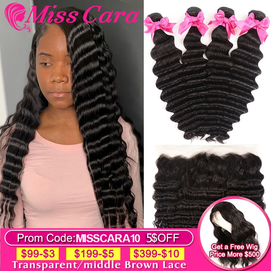 

Malaysian Loose Deep Wave Bundles With Frontal Closure Miss cara 100% Remy Human Hair 3/4 Bundles With Lace frontal Closure