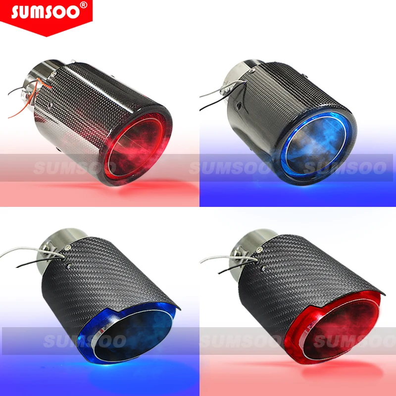 Genuine SUMSOO 1pcs  new luminous modified car exhaust pipe red and blue light carbon fiber exhaust tail tip with LED light