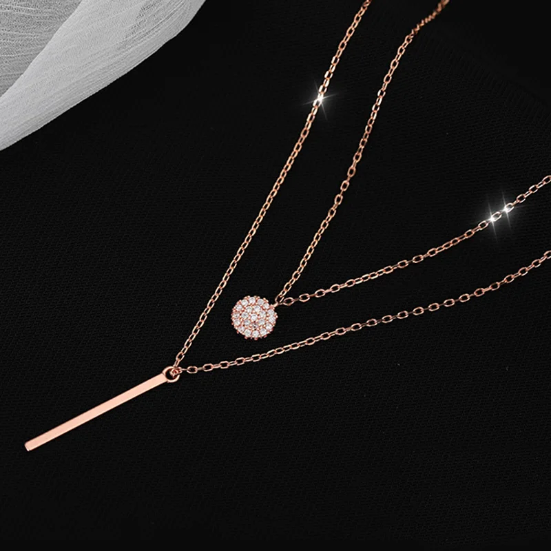 925 Sterling Silver Double layer Necklace Round Shiny Full Zircon Long pendant Necklaces Gift For Girl Fine Accessories NK062 image 5