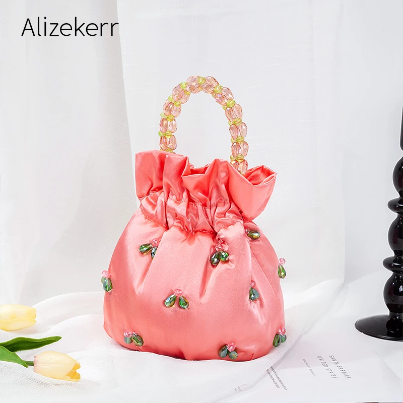 Beads Handle Satin Hobo Bags Women 2021 New Korean Chic Cute Handmade Top Handle Beading Bucket Purse And Handbag Bridal Wedding