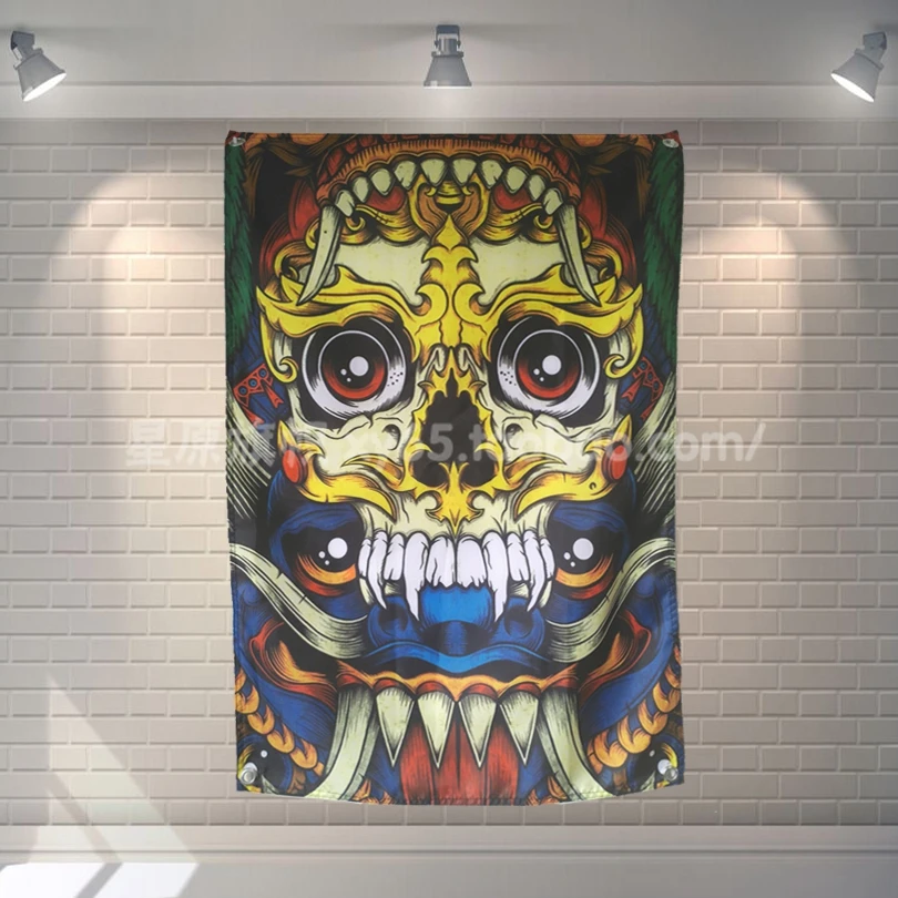 

Colorful Skull Tattoo Tapestry Poster Banners Paintings Clubhouse Studio Wall Decoration Four Holes Hanging Flags Cloth Art